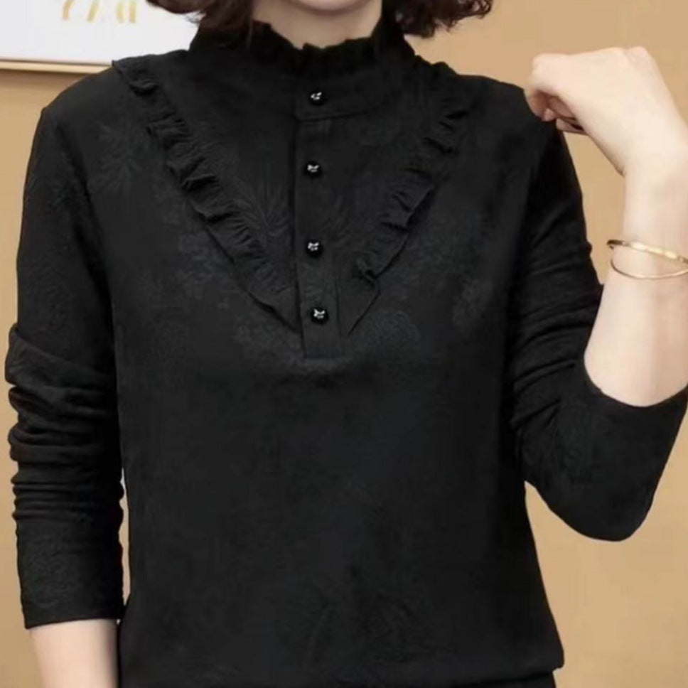 2024 New Fashion Stylish All-match Pullover Long Sleeve Base Shirt Slimming Age-reducing Women's Top Black